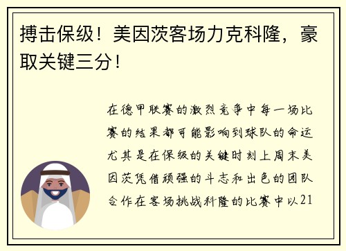 搏击保级！美因茨客场力克科隆，豪取关键三分！