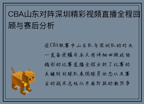 CBA山东对阵深圳精彩视频直播全程回顾与赛后分析