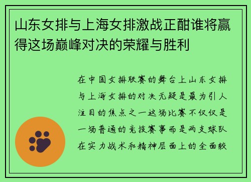 山东女排与上海女排激战正酣谁将赢得这场巅峰对决的荣耀与胜利
